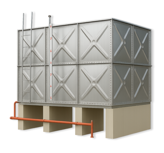 Tangki panel seksyen WINKO dengan geometri panel tekan, tangga dan paip